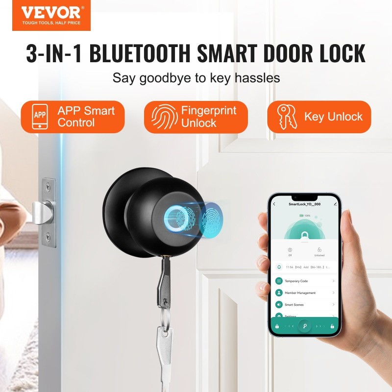 VEVOR Smart Door Knob, Biometric Door Lock Bluetoo...